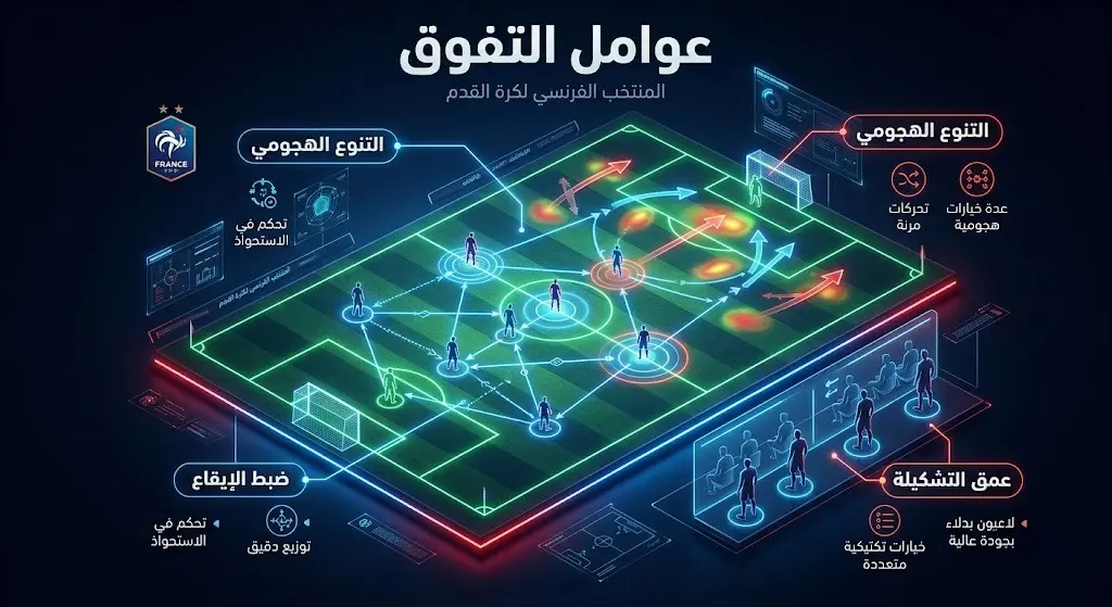 تصميم فني تكتيكي يبرز العوامل المرجحة لفوز منتخب فرنسا، والتي تشمل التنوع الهجومي، وضبط إيقاع اللعب، وعمق التشكيلة.