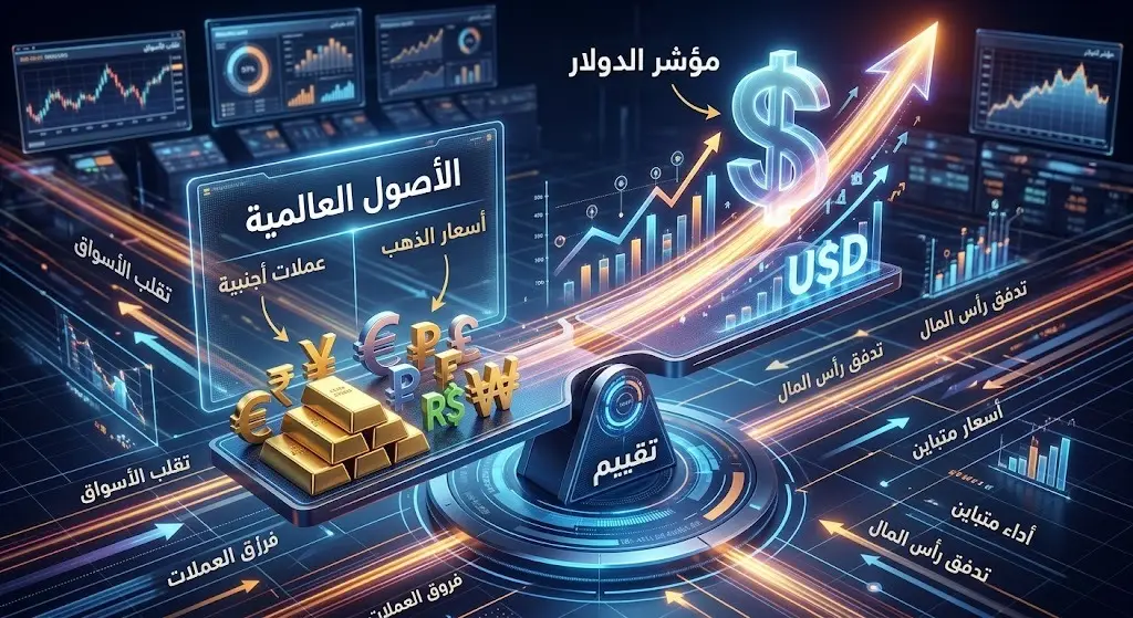 تصميم تعبيري يظهر تأثير ارتفاع مؤشر الدولار الأمريكي على تقييم الأصول المالية العالمية واحتياطيات النقد.