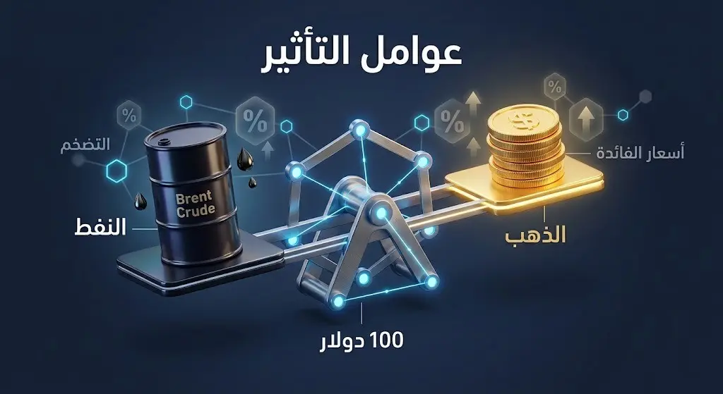 رسم توضيحي للمقارنة بين أسعار النفط والذهب يبرز تأثير التضخم والفائدة على توقعات الخبراء