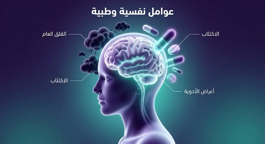 تصميم مفاهيمي طبي يبرز دور الاضطرابات النفسية كالقلق والاكتئاب والآثار الجانبية للأدوية في التسبب بالأرق.