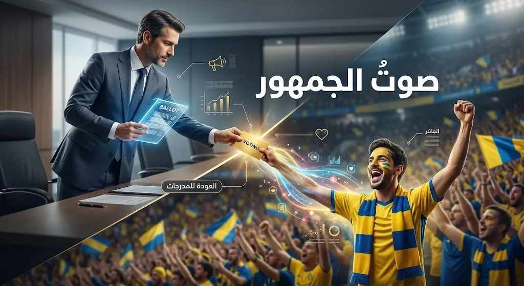 تصميم إبداعي يظهر تسليم بطاقة تصويت مضيئة بخلفية لمدرجات ملعب تهتف باللونين الأصفر والأزرق، مع عبارة 'صوت الجمهور'.
