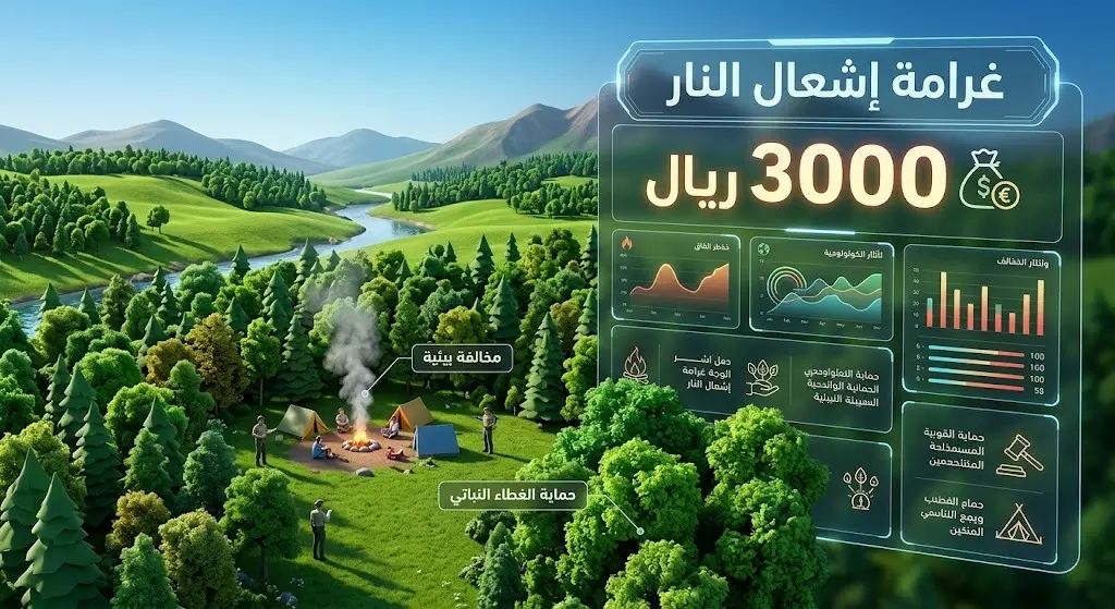 تصميم إنفوجرافيك احترافي يوضح قيمة المخالفات البيئية وتحديداً غرامة إشعال النار في الأماكن غير المخصصة.