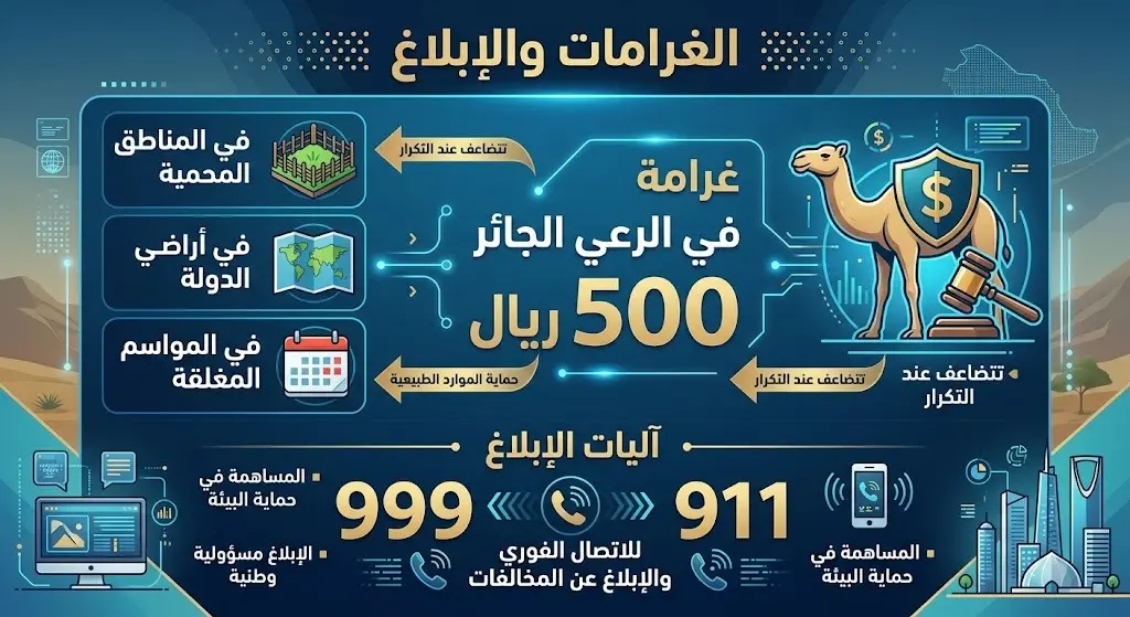إنفوجرافيك يوضح قيمة الغرامة المالية لمخالفات الرعي والتي تبلغ 500 ريال لكل متن، مع أرقام الإبلاغ المعتمدة لكل منطقة.