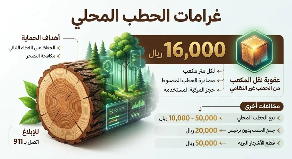 إنفوجرافيك يوضح عقوبة نقل الحطب المحلي والتي تصل إلى 16 ألف ريال سعودي لكل متر مكعب.