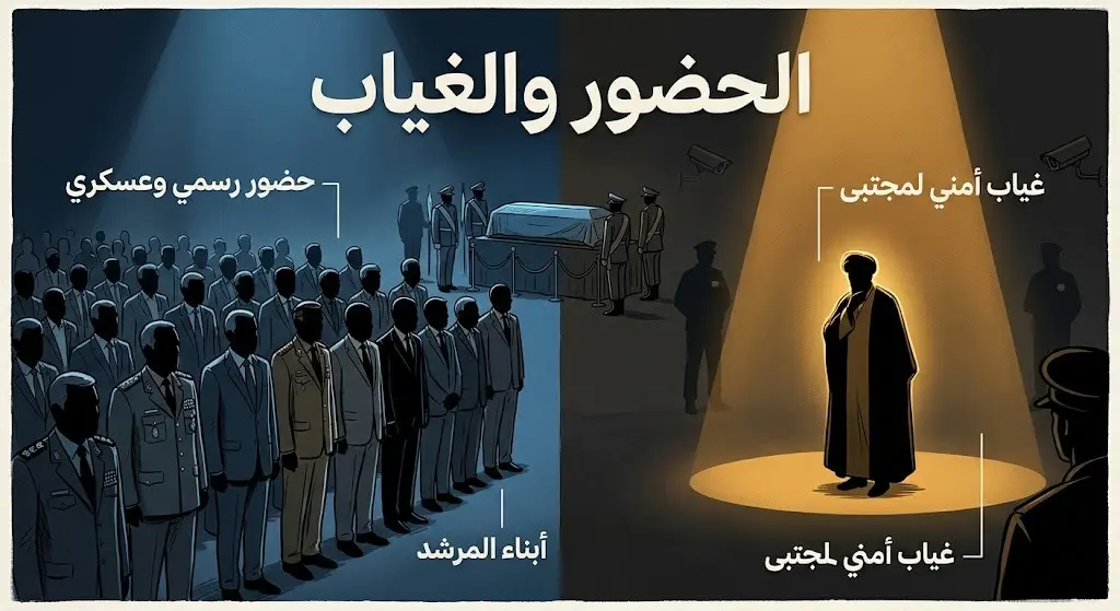 تصميم إنفوجرافيك تعبيري يبرز التباين بين حضور القيادات السياسية والعسكرية في الصفوف الأولى، مقابل الغياب الأمني البارز لنجل المرشد.