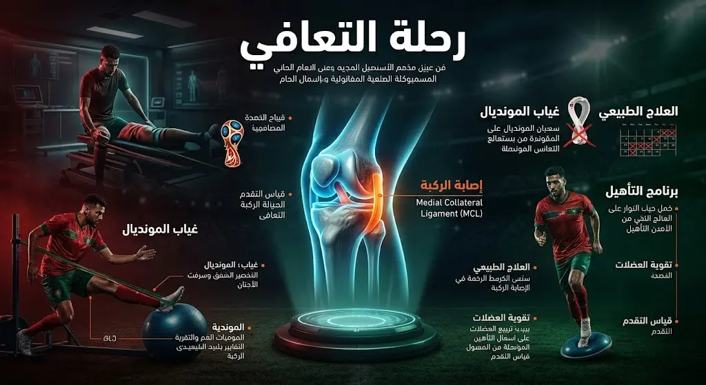 تصميم تعبيري وإنفوجرافيك طبي يبرز إصابة الزلزولي في الركبة وتأثيرها على مشاركته المونديالية.