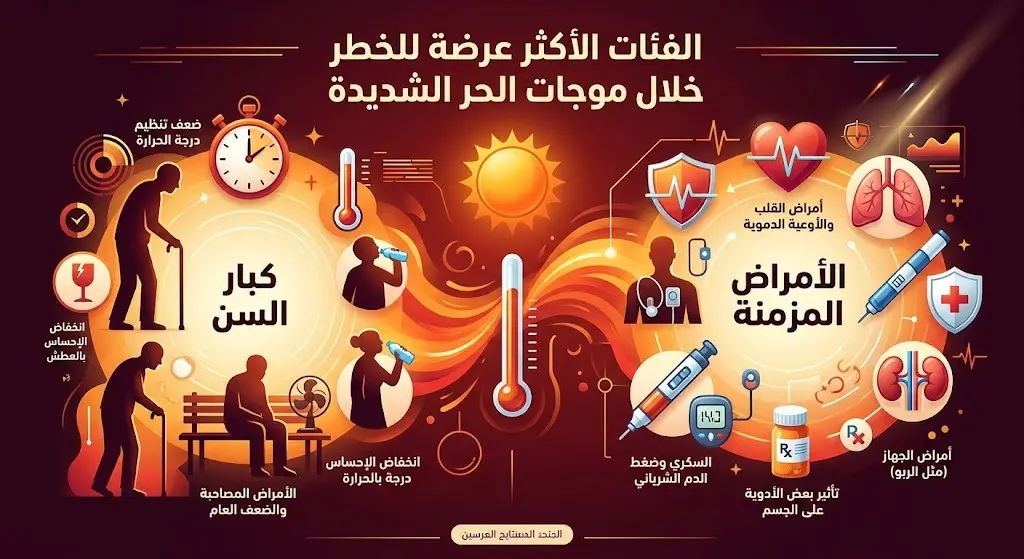 إنفوجرافيك يوضح الفئات الأكثر تضرراً من موجات الحر الشديدة، وتحديداً كبار السن وذوي الأمراض المزمنة.