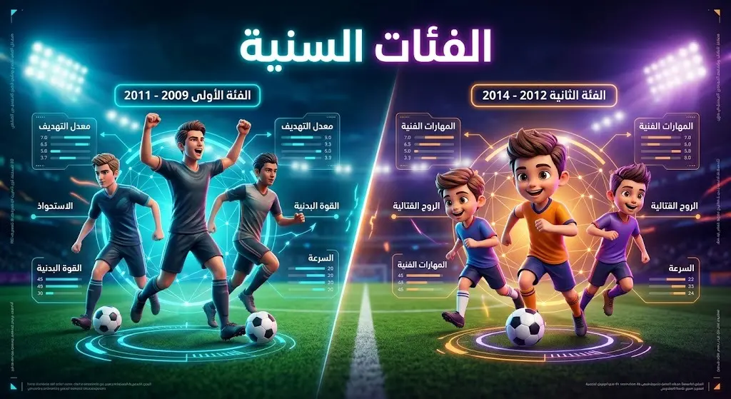 إنفوجرافيك يوضح الفئات السنية المشاركة في بطولة الأكاديميات مقسمة إلى فئتين لأعمار 2009-2011 و 2012-2014