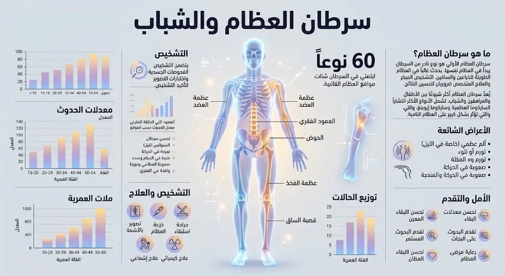 إنفوجرافيك طبي يوضح تركز إصابات أورام العظام لدى الفئات الشابة وتعدد أنواعها التي تصل إلى 60 نوعاً.