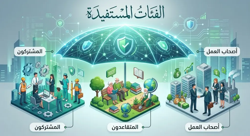 تصميم مرئي يوضح الفئات الثلاث المستفيدة من خدمات التأمينات الاجتماعية وهي المشتركون، المتقاعدون، وأصحاب العمل، تحت مظلة الحماية التأمينية.