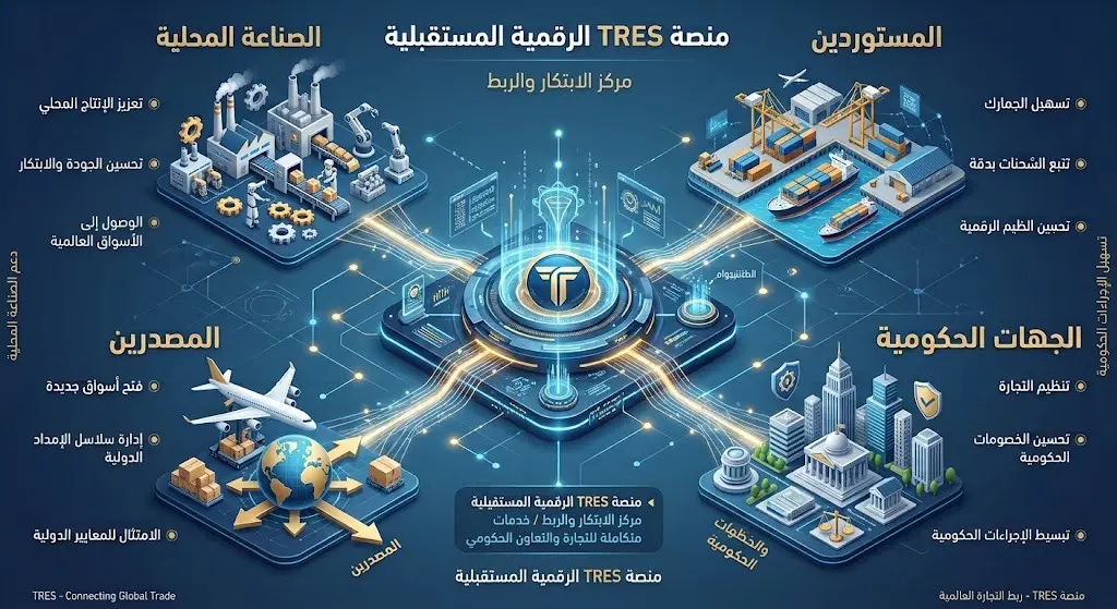 إنفوجرافيك ثلاثي الأبعاد يوضح الفئات المستفيدة من منصة TRES وتشمل الصناعة المحلية، المستوردين، المصدرين، والجهات الحكومية.