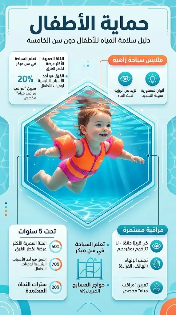 تصميم معلوماتي يبرز أهمية حماية الأطفال دون سن الخامسة، ويوصي بارتداء ملابس سباحة بألوان زاهية لتسهيل المراقبة.