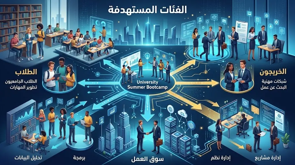 تصميم إنفوجرافيك يوضح الفئات المستهدفة في المعسكر الصيفي من طلاب وخريجين، مع رموز تعبر عن الارتباط المباشر بمتطلبات سوق العمل.