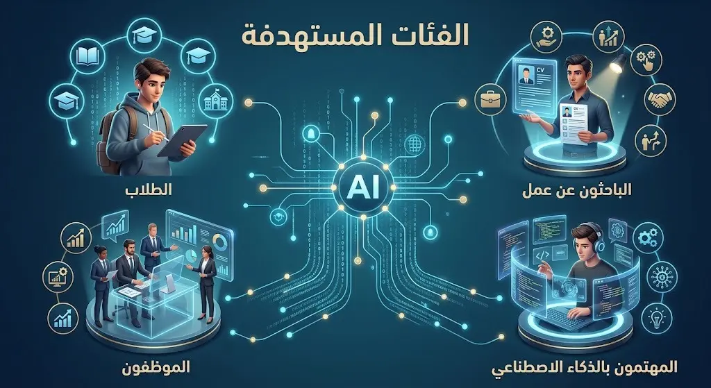 إنفوجرافيك يوضح الفئات الأربع المستهدفة من برنامج تنافسية مهارات الذكاء الاصطناعي وتشمل الطلاب، الباحثين عن عمل، الموظفين، والمهتمين.