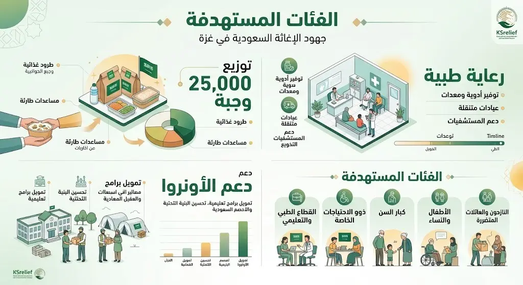 إنفوجرافيك يوضح إحصائيات وأرقام الفئات المستهدفة من المساعدات الإنسانية السعودية في قطاع غزة ودعم وكالة الأونروا.