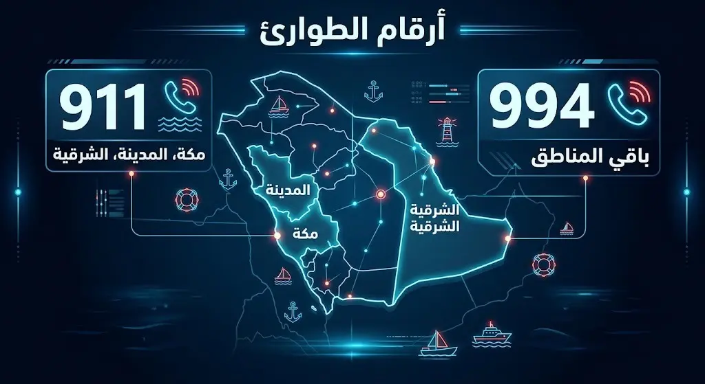 إنفوجرافيك يوضح أرقام طوارئ حرس الحدود 911 و 994 موزعة حسب مناطق المملكة