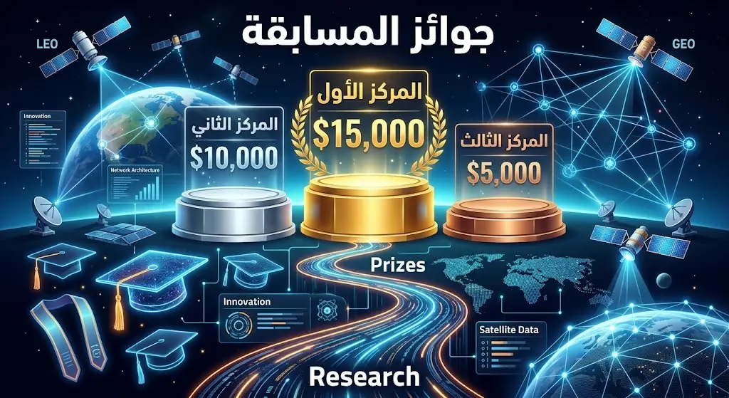 تصميم إنفوجرافيك يوضح الفئات المستهدفة في مسابقة الشبكات غير الأرضية وقيمة الجوائز المالية للمراكز الثلاثة الأولى.