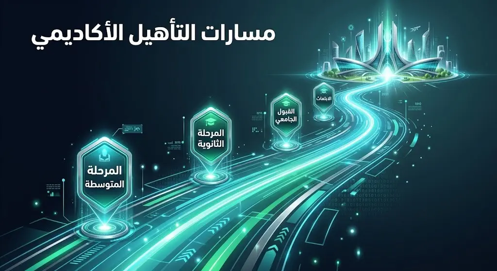 إنفوجرافيك تفاعلي يوضح مسارات التأهيل الأكاديمي للطلاب بدءاً من المرحلة المتوسطة مروراً بالثانوية وحتى الابتعاث.