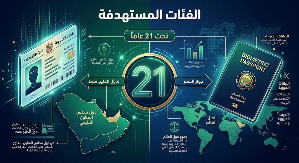 إنفوجرافيك احترافي يبرز الفئة العمرية المستهدفة تحت 21 عاماً، ويوضح الفرق بين استخدام الهوية الوطنية لدول الخليج وجواز السفر لباقي دول العالم.