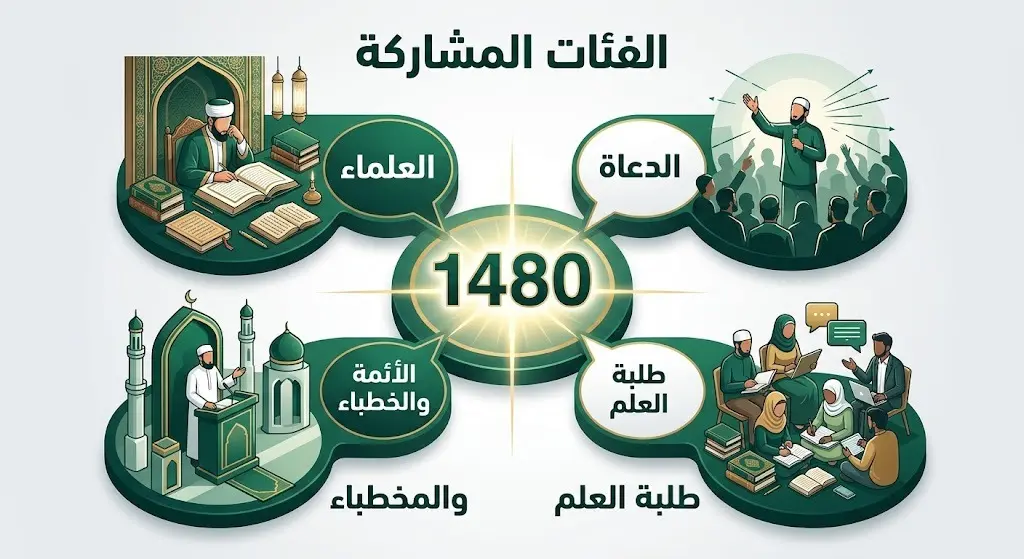 إنفوجرافيك يوضح الفئات الأربع المشاركة في الدورة العلمية بإندونيسيا والذين بلغ عددهم 1480 مشاركاً