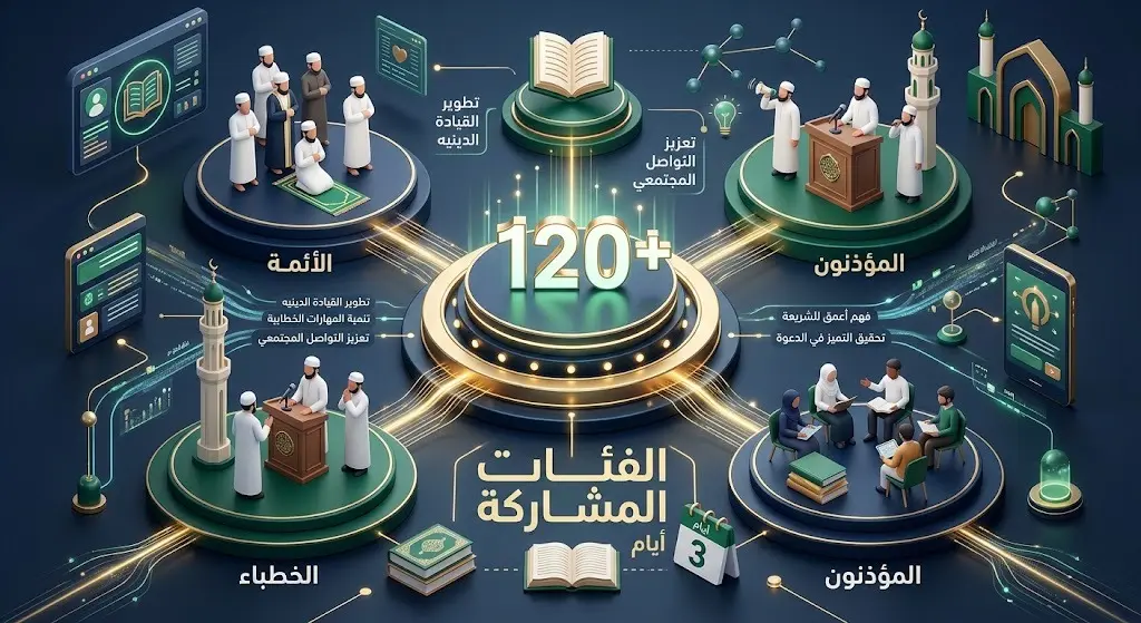 إنفوجرافيك يوضح الفئات المشاركة في الدورة الشرعية بالمالديف والتي تستهدف أكثر من 120 من الأئمة والخطباء والمؤذنين وطلبة العلم.