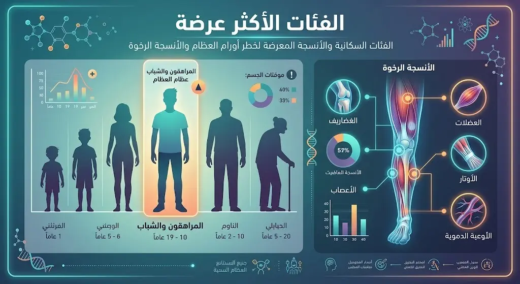 تصميم بياني يستعرض الفئات العمرية والأنسجة الأكثر عرضة للإصابة بأورام العظام، مع تسليط الضوء على فئة المراهقين.