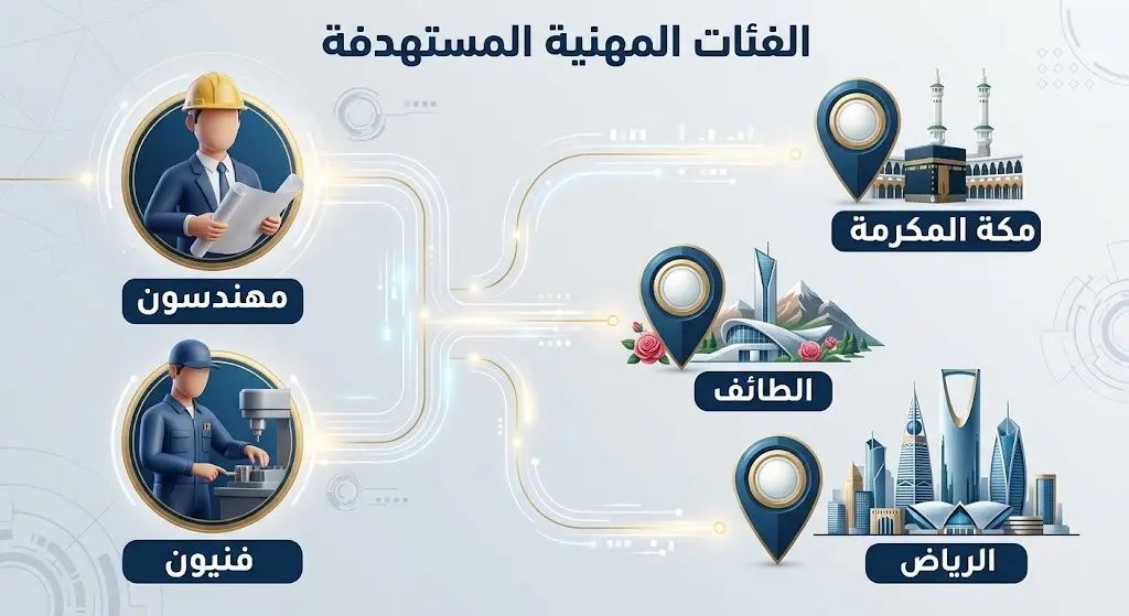 إنفوجرافيك يوضح الفئات المهنية المطلوبة من المهندسين والفنيين وتوزيعهم على مدن مكة المكرمة، الطائف، والرياض.