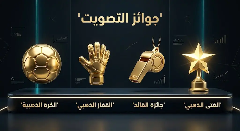 تصميم ثلاثي الأبعاد يستعرض فئات جوائز التصويت مثل الكرة الذهبية والقفاز الذهبي في حفل رابطة المحترفين.