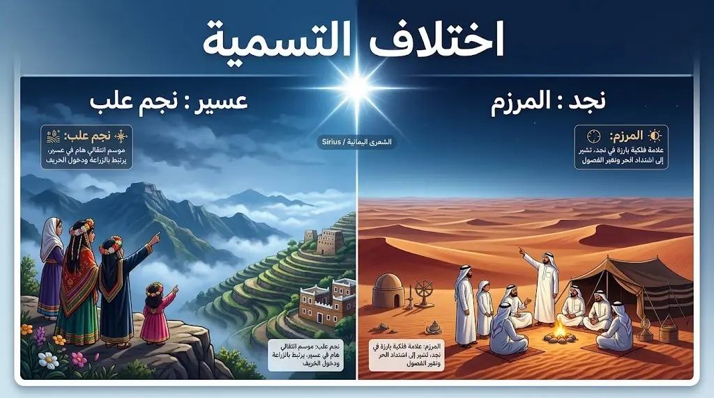 تصميم مقارنة بصري يوضح اختلاف تسمية وموعد رؤية نجم الشعرى اليمانية بين منطقتي عسير ونجد.