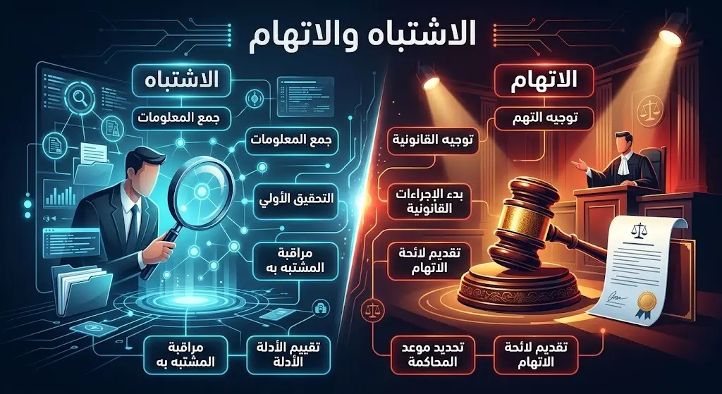إنفوجرافيك يوضح الفارق القانوني بين مرحلة الاشتباه ومرحلة الاتهام وتفاصيل كل مرحلة.