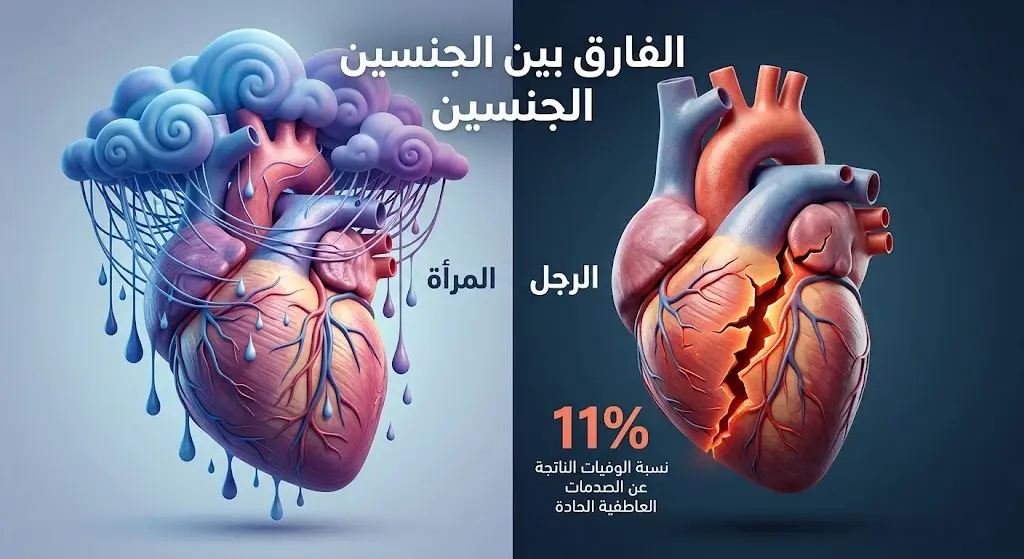 إنفوجرافيك مقارن يوضح تأثير الصدمات العاطفية على قلب الرجل والمرأة، مع إبراز نسبة الخطر 11% لدى الرجال.
