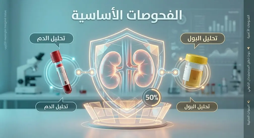 إنفوجرافيك طبي مبتكر يوضح الفحوصات الأساسية للكشف المبكر عن أمراض الكلى، يعرض مجسماً للكليتين بجوار تحليلي الدم والبول.