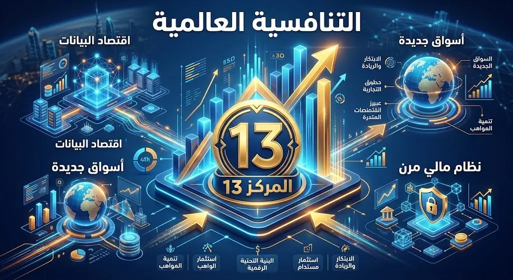 تصميم بياني يبرز قفزة المملكة للمركز 13 عالمياً في التنافسية وبناء أسواق رقمية جديدة