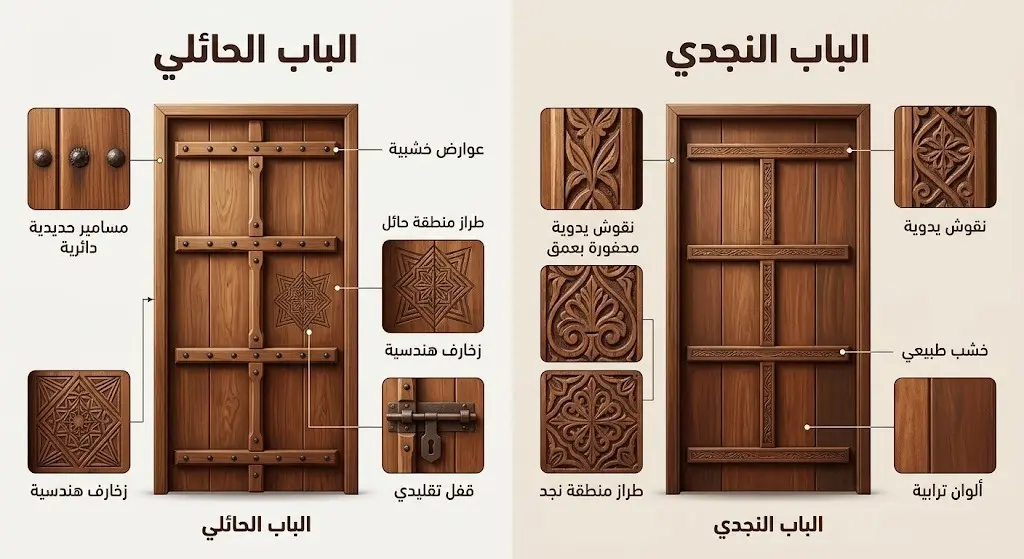 إنفوجرافيك يقارن بين تصميم الباب الحائلي والباب النجدي، موضحاً الفروق المعمارية من حيث عدد العوارض والزخارف والنقوش.