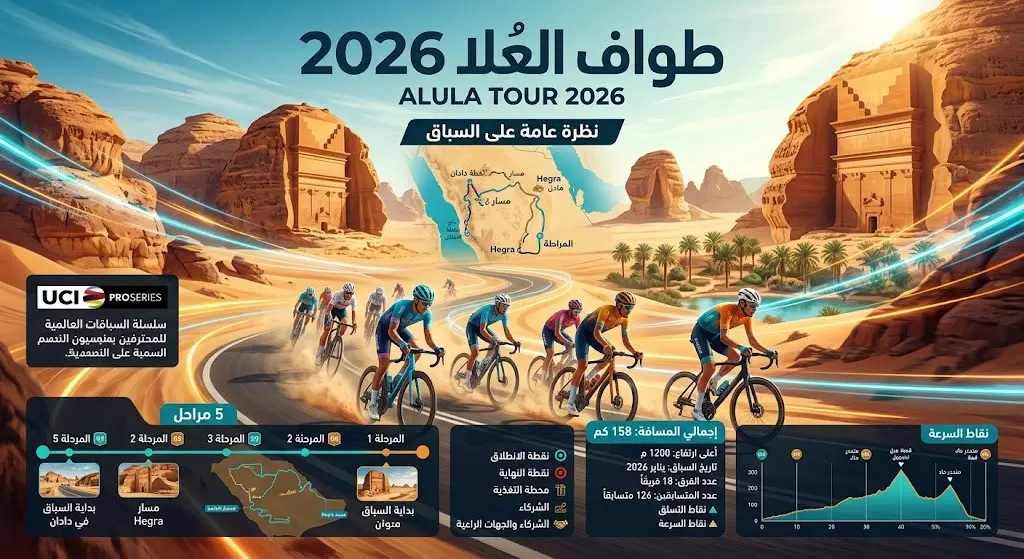 إنفوجرافيك رياضي وتصميم احترافي يستعرض تفاصيل ومراحل طواف العُلا 2026 بمشاركة نخبة الدراجين
