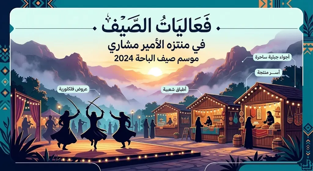 رسم تعبيري لاحتفالات صيف الباحة في منتزه الأمير مشاري، يبرز الفنون الفلكلورية وأكشاك الأسر المنتجة وسط طبيعة جبلية.