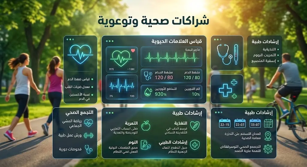 تصميم إبداعي يدمج بين النشاط الرياضي في الممشى والمؤشرات الصحية، مع نصوص توضح المبادرات الطبية والتوعوية بالشراكة مع القطاع الصحي.