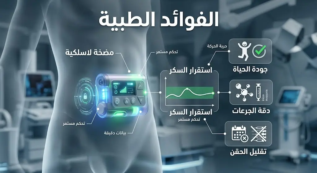 تصميم فني يستعرض الفوائد الطبية لمضخات الأنسولين اللاسلكية لمرضى السكري، مبرزاً دقة ضبط السكر وتحسين جودة حياة المرضى.
