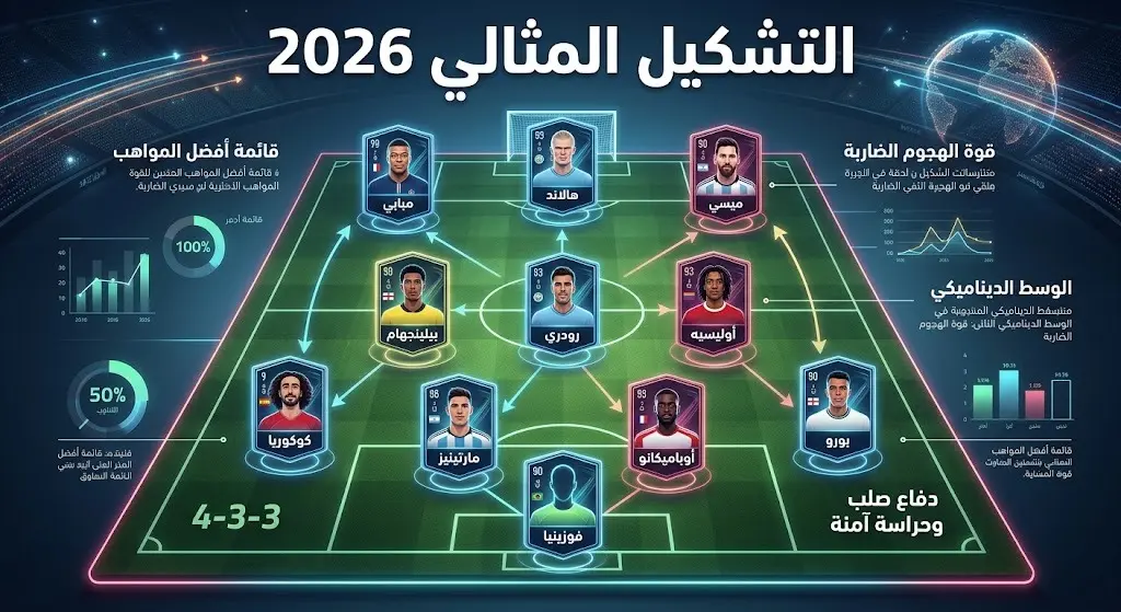 إنفوجرافيك لملعب كرة قدم يستعرض أسماء التشكيل المثالي لكأس العالم 2026 بتشكيلة 4-3-3