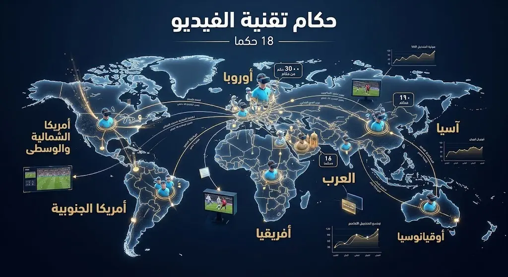 إنفوجرافيك بياني ثلاثي الأبعاد يعرض التوزيع القاري للقائمة النهائية المكونة من 18 حكماً لتقنية الفيديو