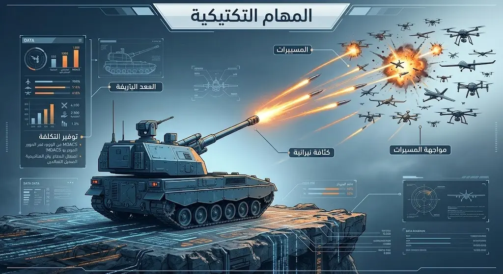 إنفوجرافيك يوضح المهام التكتيكية والقدرات التشغيلية لنظام المدفعية متعدد المجالات في التصدي للمسيرات.