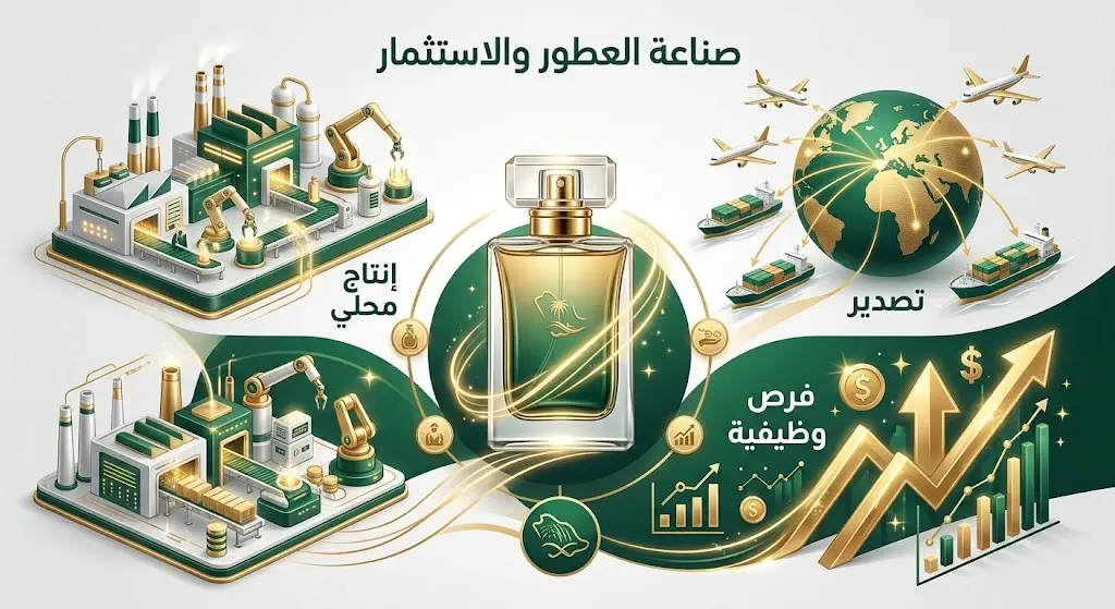 إنفوجرافيك يوضح نمو قدرات تصنيع العطور في السعودية والفرص الاستثمارية وتصدير المنتجات للأسواق العالمية.