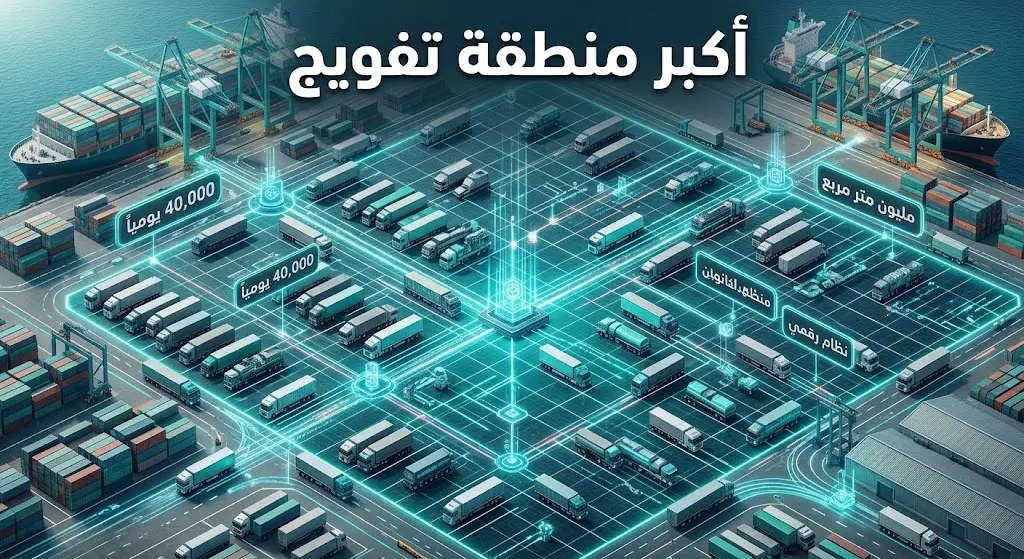 تصميم يبرز القدرة الاستيعابية لمنطقة تفويج الشاحنات بميناء جدة التي تصل إلى 40 ألف شاحنة يومياً على مساحة مليون متر مربع