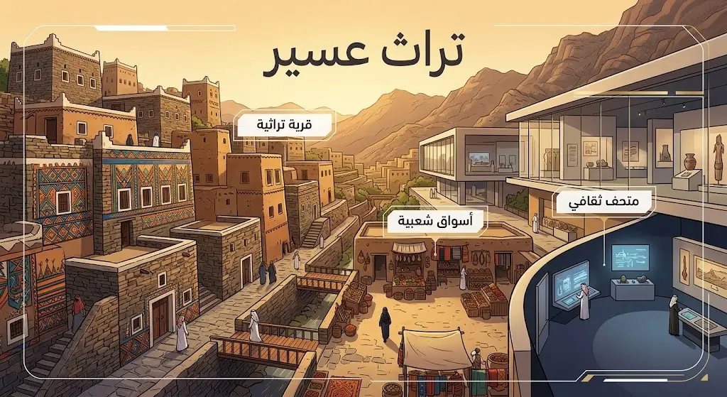 تصميم فني يدمج بين العمارة التراثية لمنطقة عسير والمتحف الثقافي ضمن مشروع منتجع الوادي مع نصوص توضيحية لجماليات المكان.