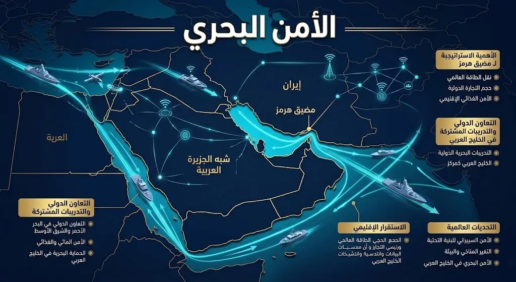 إنفوجرافيك يوضح أهمية الأمن البحري وحماية الممرات الملاحية في مضيق هرمز لتعزيز الاستقرار الإقليمي.