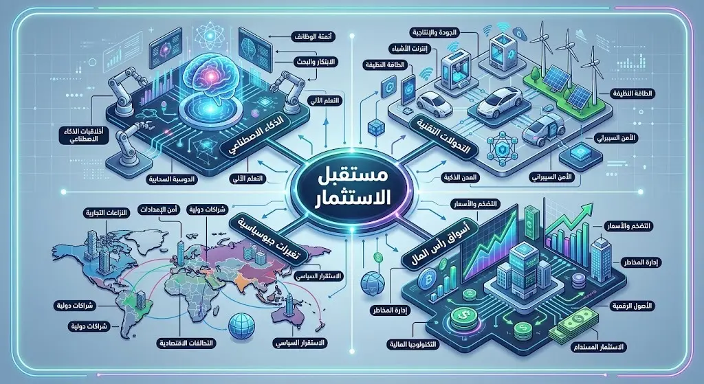 تصميم بصري يوضح أبرز القضايا والتحديات التي ترسم مستقبل الاستثمار كالذكاء الاصطناعي، التحولات التقنية، والتغيرات الجيوسياسية.