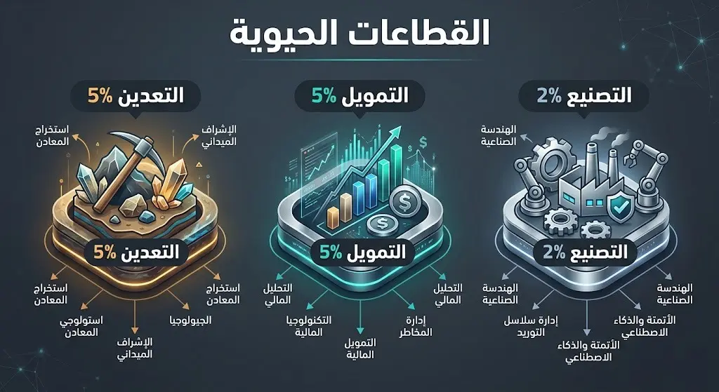 تصميم بياني حديث يستعرض نمو التوظيف في القطاعات الحيوية، مبرزاً قطاعات التعدين والتمويل والتصنيع بنسب نموها الإيجابية.