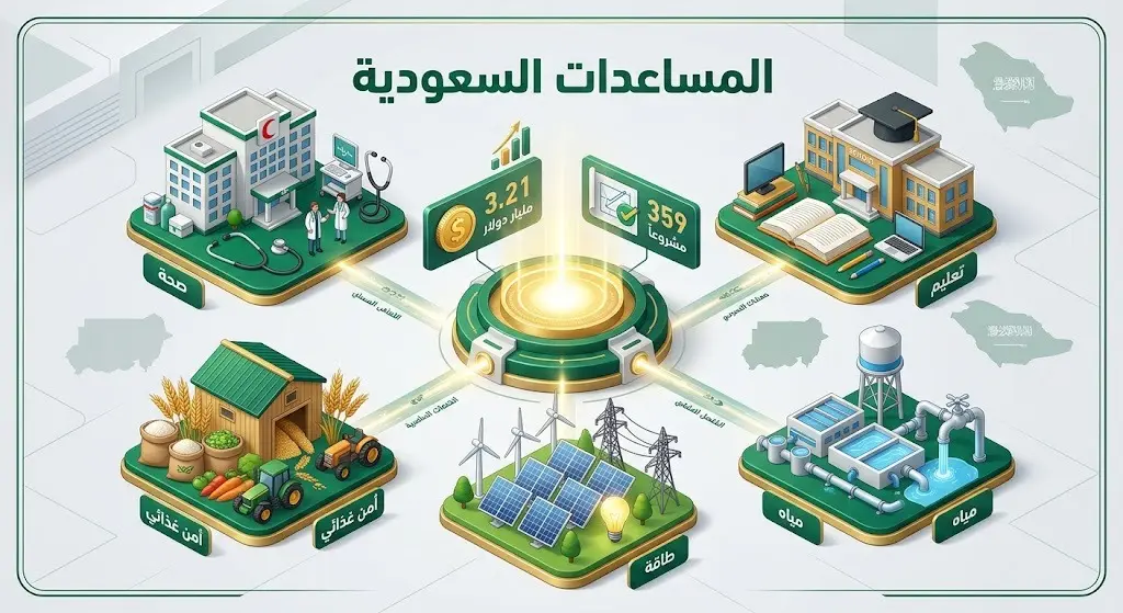 إنفوجرافيك يوضح القطاعات الرئيسية للمساعدات الإنسانية والتنموية التي تقدمها المملكة العربية السعودية للسودان، بقيمة 3.21 مليار دولار.