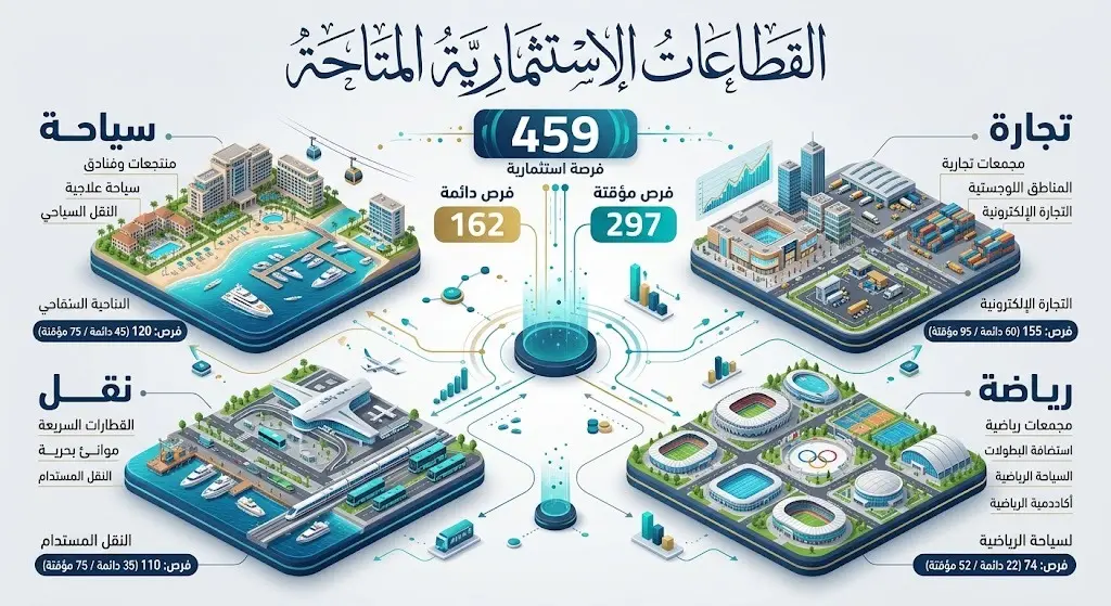 إنفوجرافيك يوضح توزيع 459 فرصة استثمارية في المنطقة الشرقية على قطاعات السياحة والتجارة والنقل والترفيه.