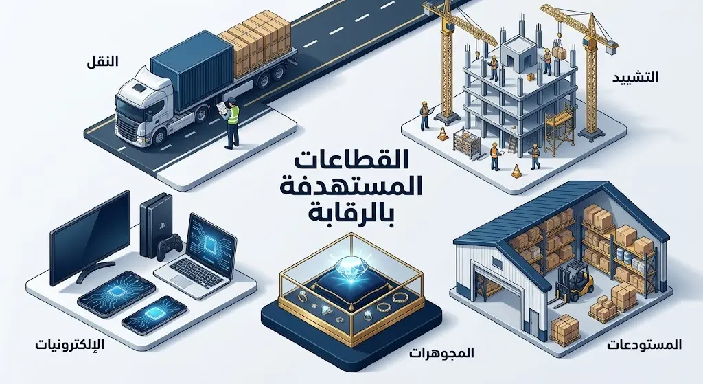 إنفوجرافيك يوضح القطاعات الخمسة المستهدفة بالحملات الرقابية لمكافحة التستر التجاري، وتشمل النقل، التشييد، الإلكترونيات، المعادن الثمينة، والمستودعات.